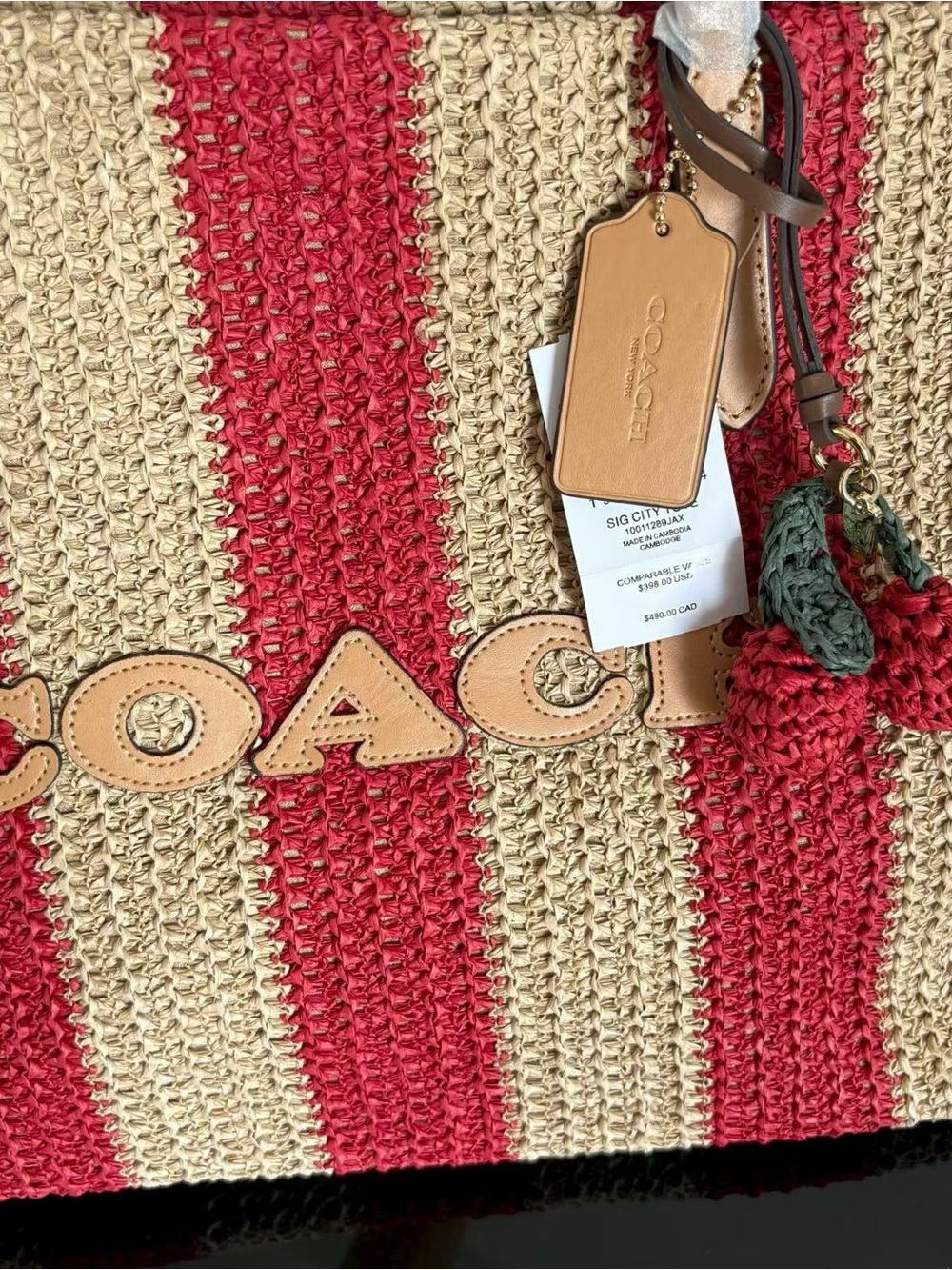 Coach Red and Natural Striped Straw Tote with Leather Handles - Picture 6 of 8